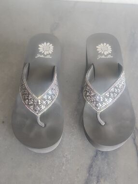 Yellow Box Silver Jeweled Wedge Sandals